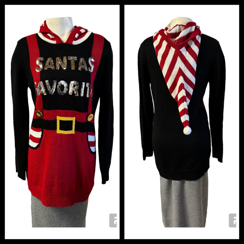 NWOT SEQINS CHRISTMAS SWEATER - Red & White Hoodie "SANTAS FAVORITE"